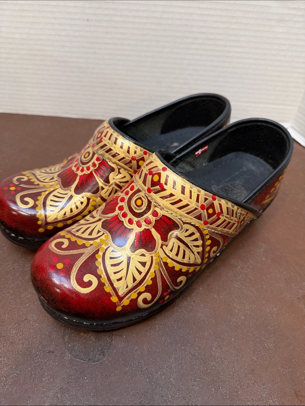 Sanita euro 37 Red and Gold Hand-Painted Clogs